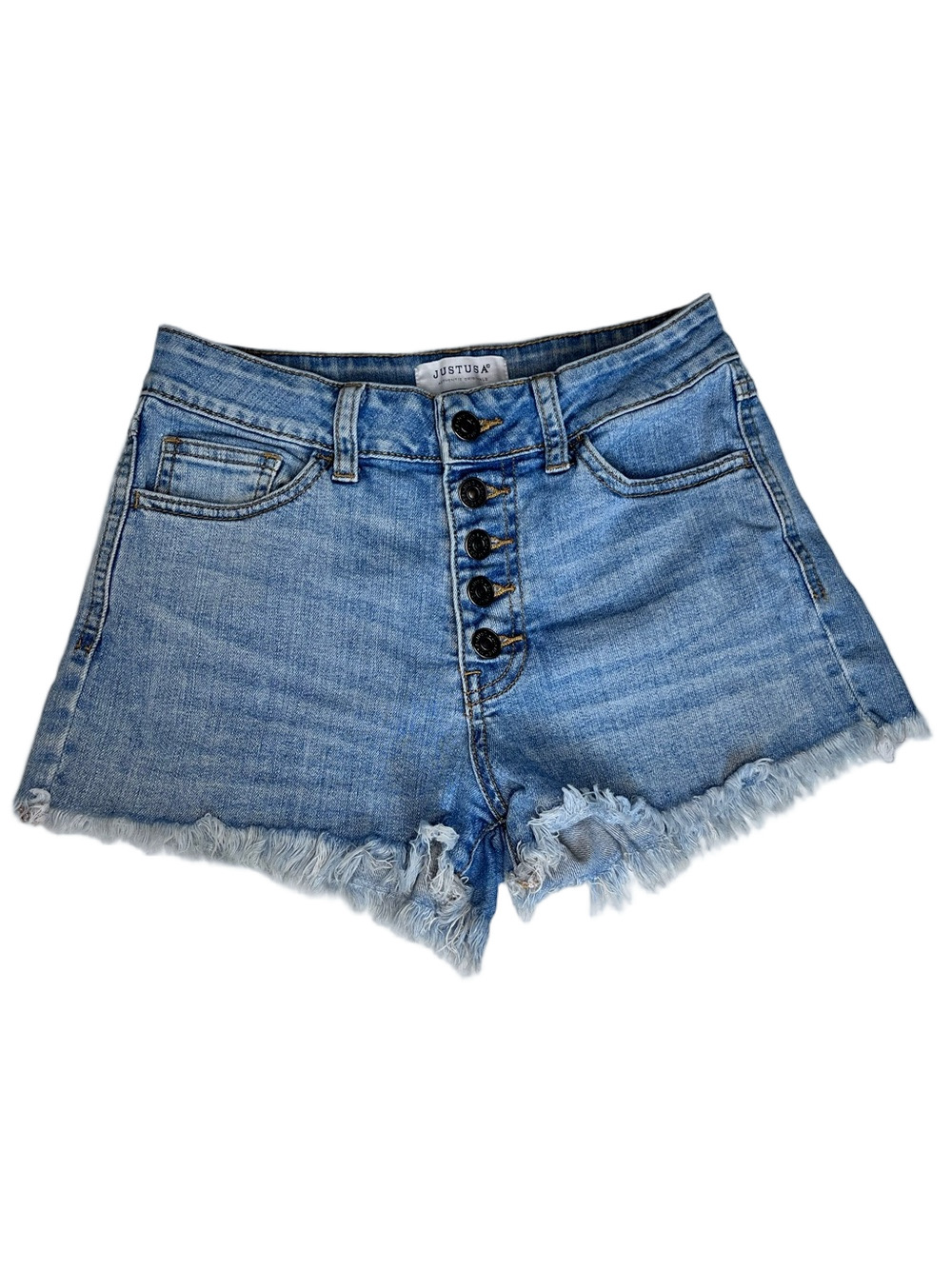 Just USA High Waist Cutoff Light Wash Denim Shorts Button Fly Frayed Hem Size XS